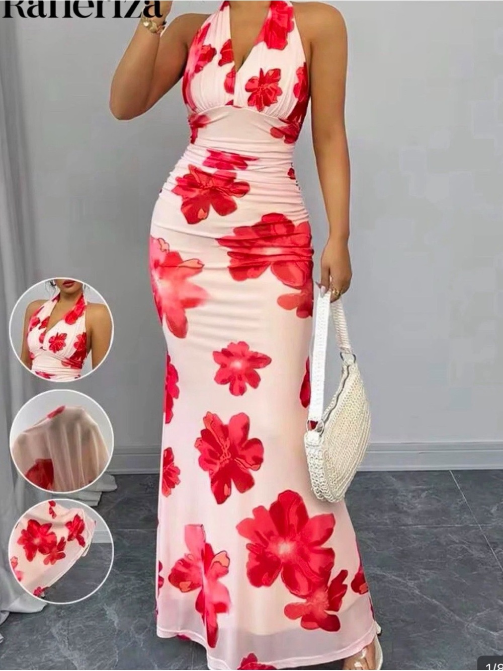 SHEIN Pink Maxi Dress with Red Floral Print
